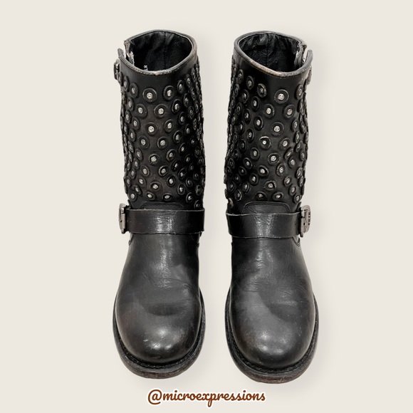 $389 Frye Jenna Studded Disc Vintage Distressed Black Leather Combat Short Boot - Picture 10 of 16